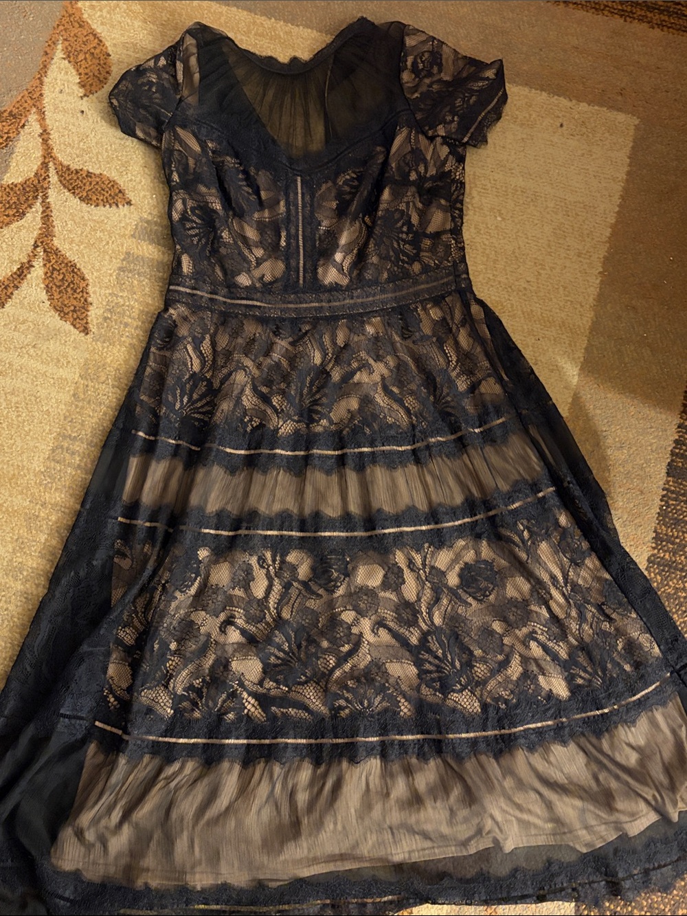 Tadashi Shoji Black Lace Midi Dress with Nude Underlay